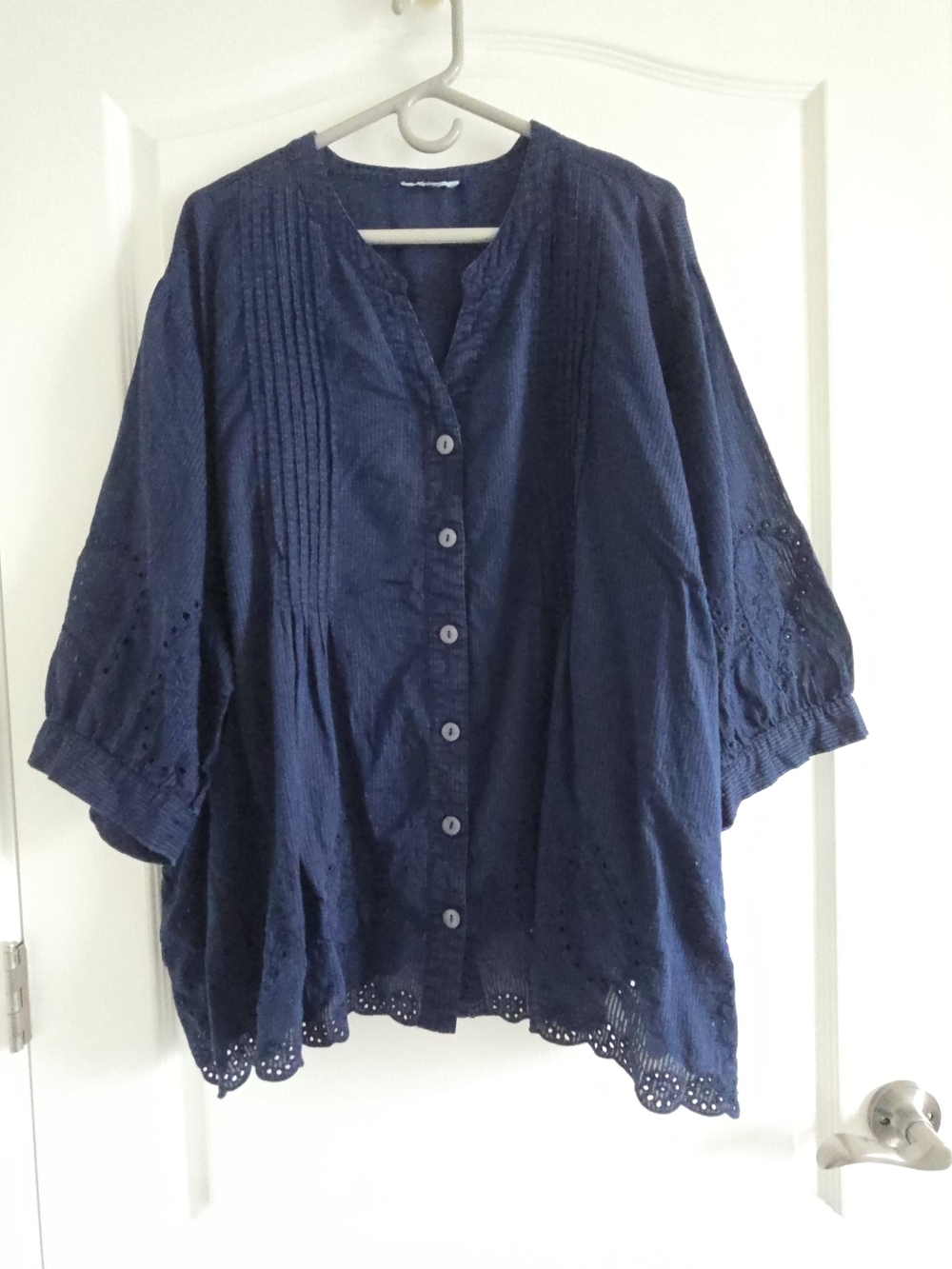 Women’s Navy Button-Front Eyelet Blouse